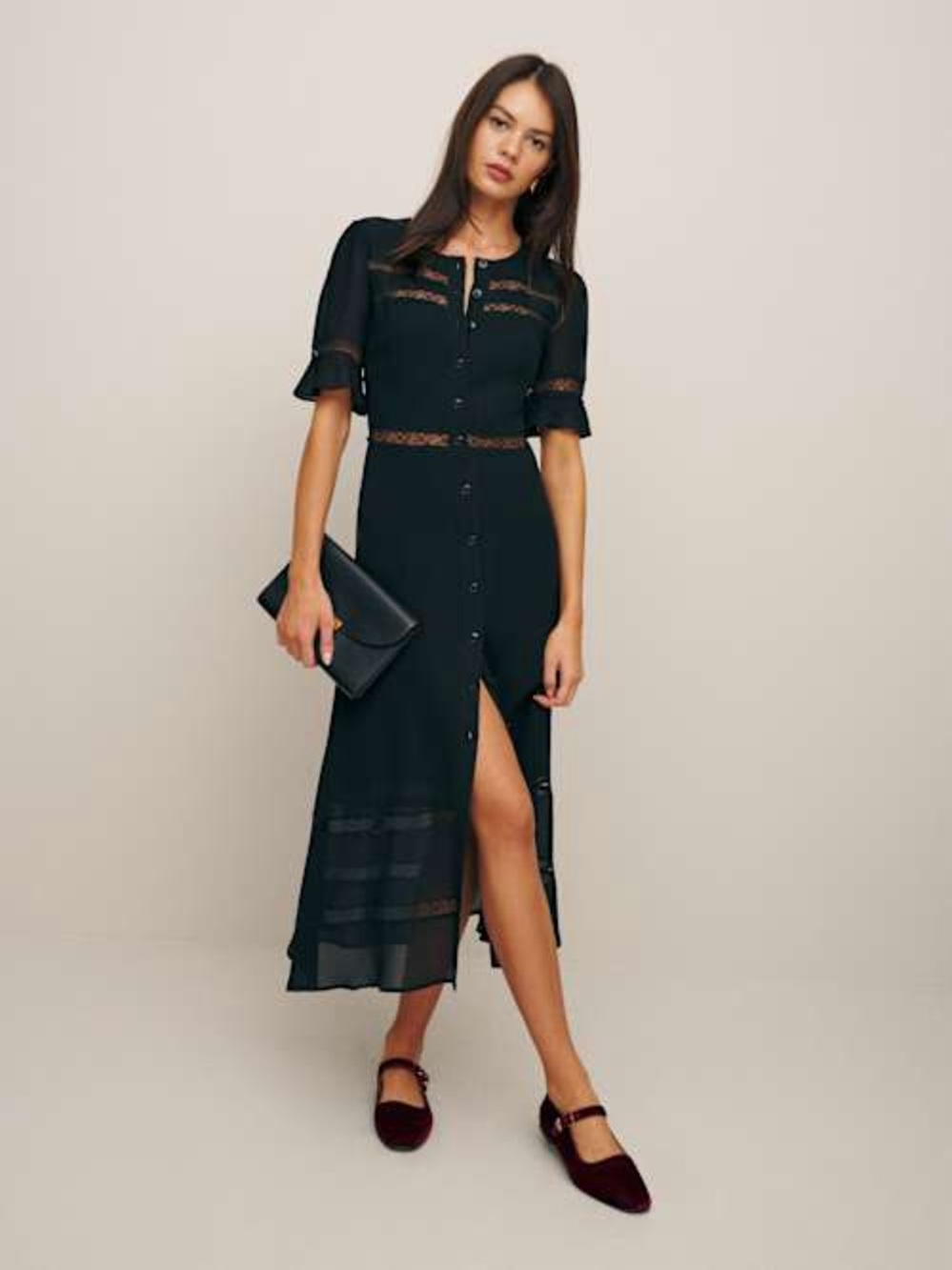 Reformation Black Lace-Trim Button Front Dress - Picture 2 of 9